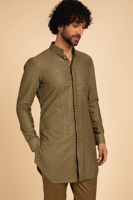 Arjan Dugal_Green Chanderi , Cotton Geometric Kurta Set _Online_at_Aza_Fashions