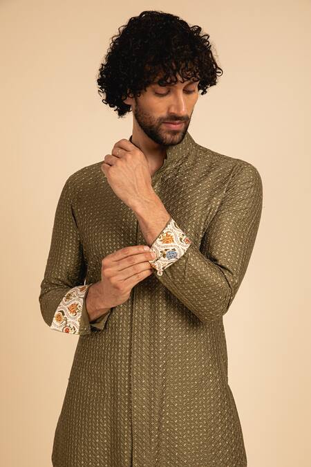 Buy_Arjan Dugal_Green Chanderi , Cotton Geometric Kurta Set _Online_at_Aza_Fashions