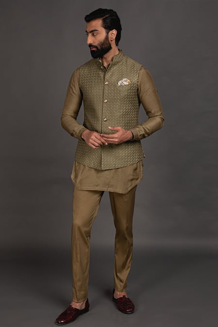 Shop Arjan Dugal Green Chanderi Silk Geometric Nehru Jacket at Aza Fashions Shop_Arjan Dugal_Green Chanderi Silk Geometric Nehru Jacket_at_Aza_Fashions