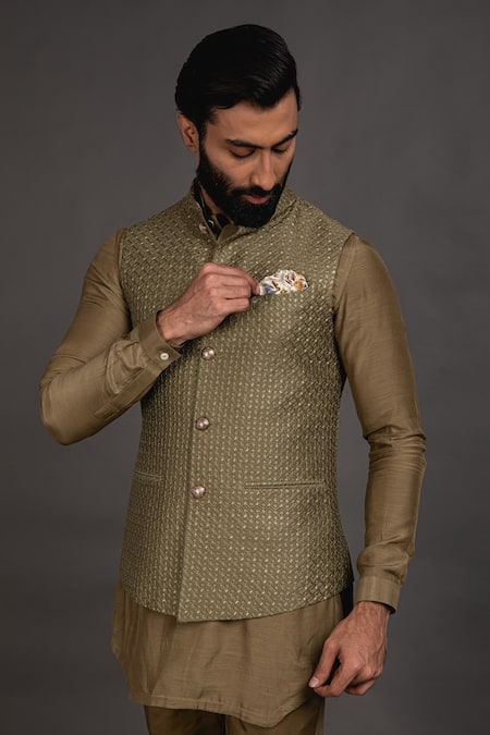 Arjan Dugal Green Chanderi Silk Geometric Nehru Jacket Online at Aza Fashions Arjan Dugal_Green Chanderi Silk Geometric Nehru Jacket_Online_at_Aza_Fashions