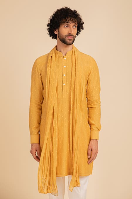 Shop_Arjan Dugal_Yellow , Lycra Jamdani Handwoven Kurta Set _at_Aza_Fashions