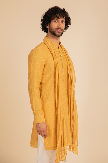 Arjan Dugal_Yellow , Lycra Jamdani Handwoven Kurta Set _Online_at_Aza_Fashions