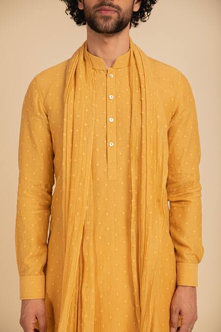 Buy_Arjan Dugal_Yellow , Lycra Jamdani Handwoven Kurta Set _Online_at_Aza_Fashions