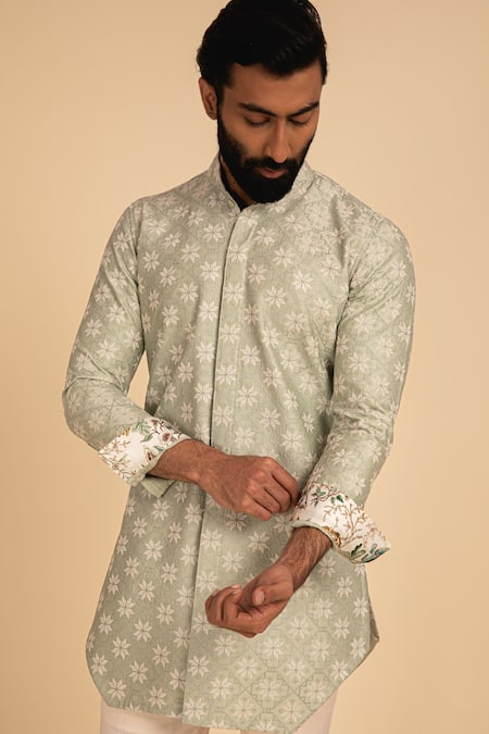 Arjan Dugal_Green Chanderi , Cotton Cross Stitch Embroidered Kurta Set _Online_at_Aza_Fashions