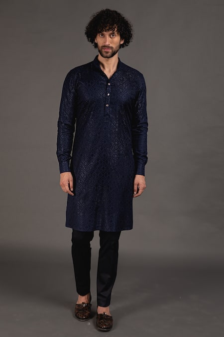 Arjan Dugal Blue Cotton , Viscose Cross Stitch Embroidered Kurta Set