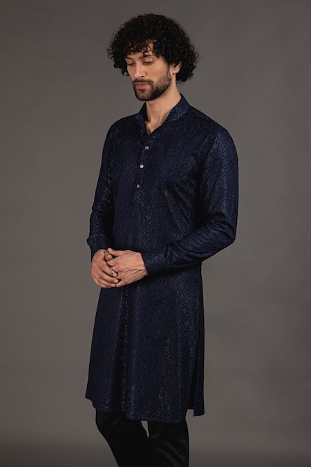 Arjan Dugal_Blue Cotton , Viscose Cross Stitch Embroidered Kurta Set_Online_at_Aza_Fashions