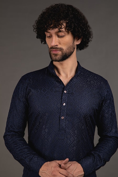 Buy_Arjan Dugal_Blue Cotton , Viscose Cross Stitch Embroidered Kurta Set_Online_at_Aza_Fashions