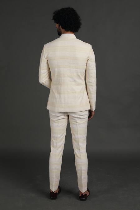 Shop_Arjan Dugal_White Cotton Silk Embroidered Work Bandhgala Set _at_Aza_Fashions