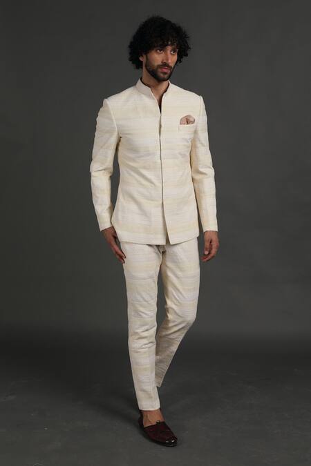 Arjan Dugal_White Cotton Silk Embroidered Work Bandhgala Set _Online_at_Aza_Fashions