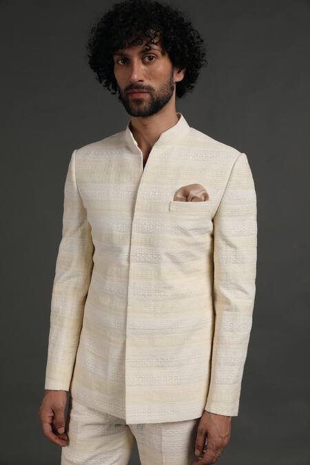 Shop_Arjan Dugal_White Cotton Silk Embroidered Work Bandhgala Set _Online_at_Aza_Fashions