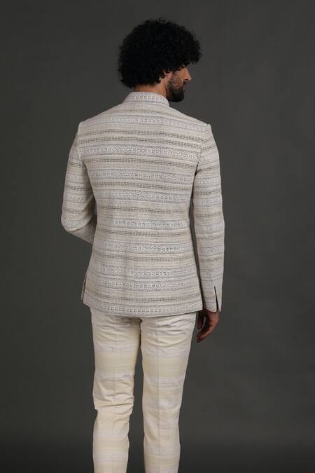 Shop_Arjan Dugal_White Cotton Silk Embroidered Work Bandhgala Set _at_Aza_Fashions