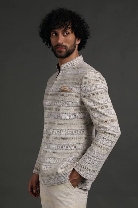 Arjan Dugal_White Cotton Silk Embroidered Work Bandhgala Set _Online_at_Aza_Fashions