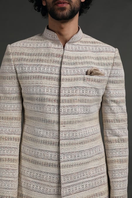 Buy_Arjan Dugal_White Cotton Silk Embroidered Work Bandhgala Set _Online_at_Aza_Fashions