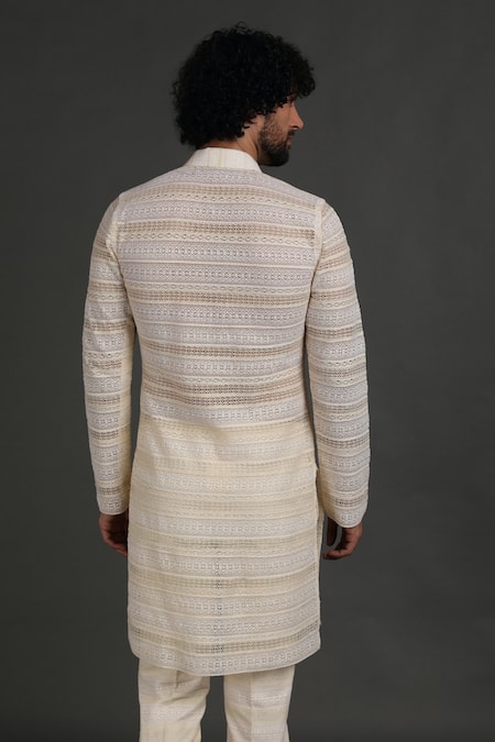 Shop_Arjan Dugal_White Cotton Silk Embroidered Work Kurta Set _at_Aza_Fashions