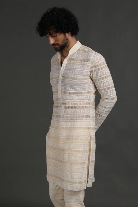 Arjan Dugal_White Cotton Silk Embroidered Work Kurta Set _Online_at_Aza_Fashions