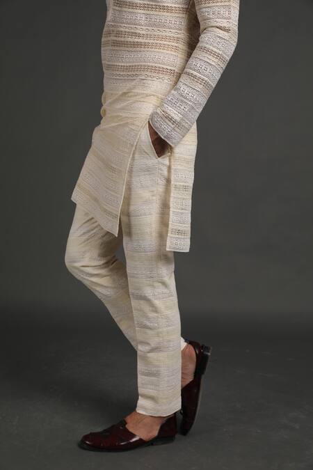 Shop_Arjan Dugal_White Cotton Silk Embroidered Work Kurta Set _Online_at_Aza_Fashions