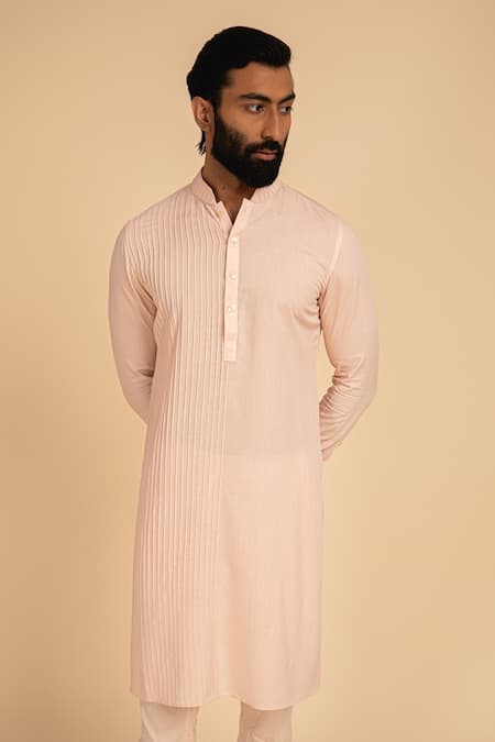 Shop Arjan Dugal Pink Silk Viscose Pintuck Kurta Set at Aza Fashions Shop_Arjan Dugal_Pink Silk Viscose Pintuck Kurta Set _at_Aza_Fashions