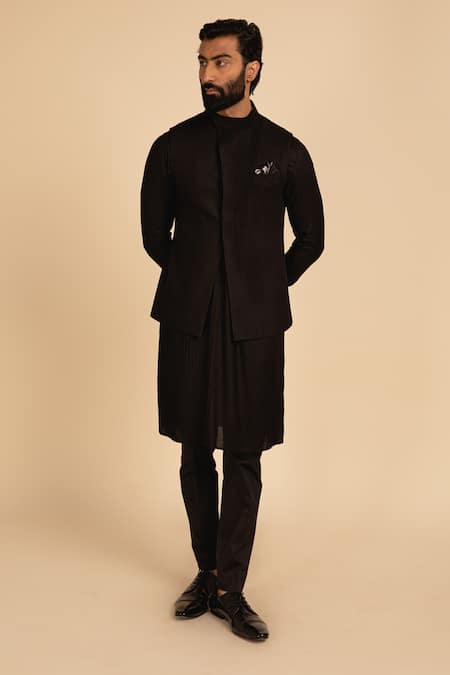 Shop Arjan Dugal Black Silk Viscose Pintuck Kurta Set at Aza Fashions Shop_Arjan Dugal_Black Silk Viscose Pintuck Kurta Set _at_Aza_Fashions