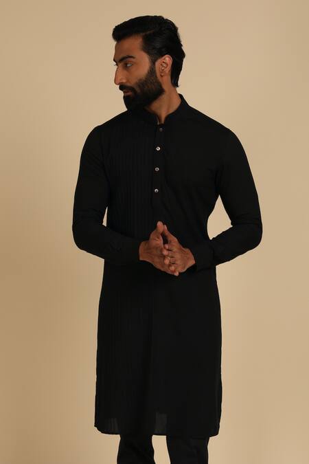 Arjan Dugal Black Silk Viscose Pintuck Kurta Set Online at Aza Fashions Arjan Dugal_Black Silk Viscose Pintuck Kurta Set _Online_at_Aza_Fashions