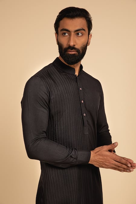 Shop Arjan Dugal Blue Silk Viscose Pintuck Kurta Set at Aza Fashions Shop_Arjan Dugal_Blue Silk Viscose Pintuck Kurta Set _at_Aza_Fashions