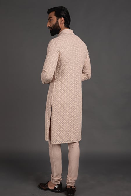 Shop_Arjan Dugal_Beige Georgette, Viscose Chikankari Embroidered Kurta Set _at_Aza_Fashions