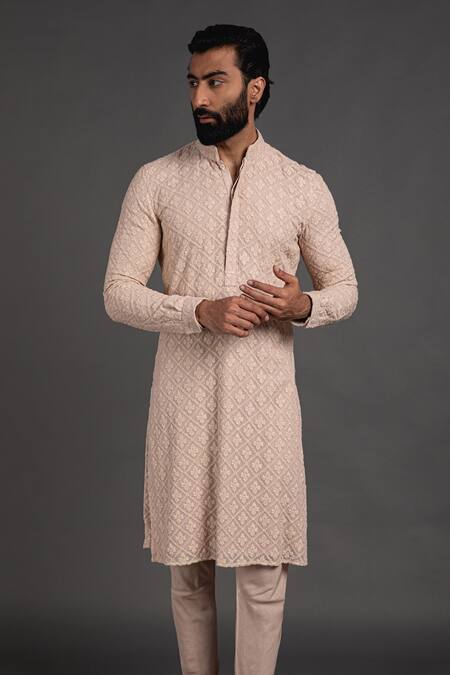 Arjan Dugal_Beige Georgette, Viscose Chikankari Embroidered Kurta Set _Online_at_Aza_Fashions