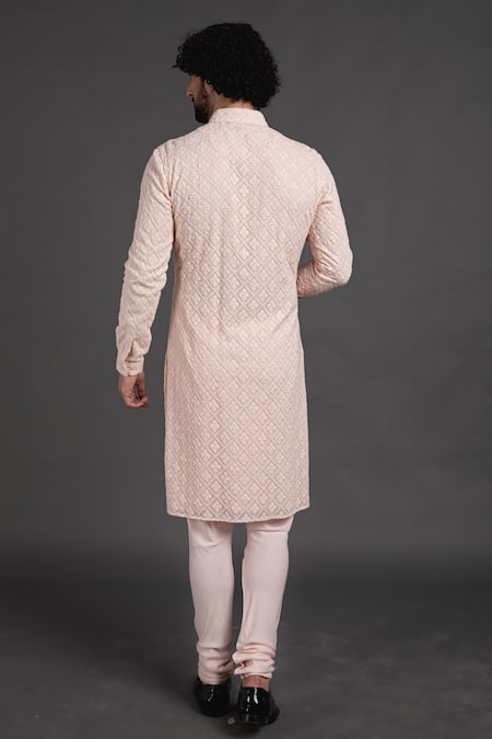 Shop_Arjan Dugal_Pink Georgette, Viscose Chikankari Embroidered Kurta Set _at_Aza_Fashions