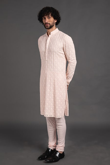 Arjan Dugal_Pink Georgette, Viscose Chikankari Embroidered Kurta Set _Online_at_Aza_Fashions