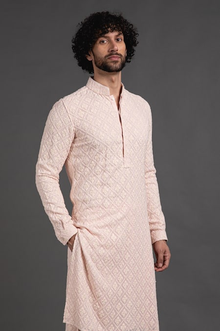 Buy_Arjan Dugal_Pink Georgette, Viscose Chikankari Embroidered Kurta Set _Online_at_Aza_Fashions