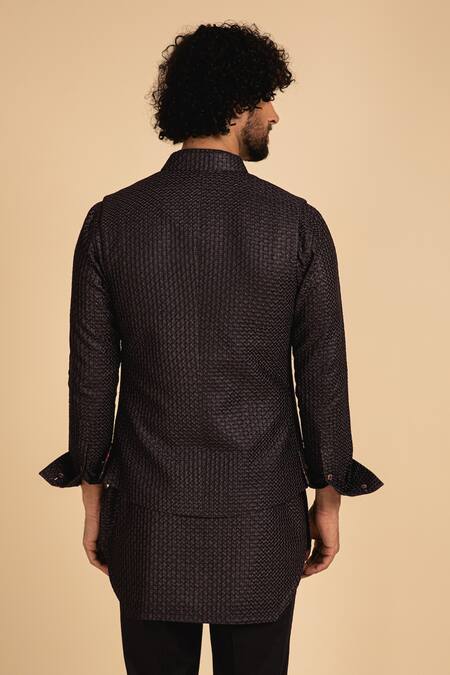 Shop_Arjan Dugal_Blue Chanderi Silk Embroidered Waistcoat _at_Aza_Fashions