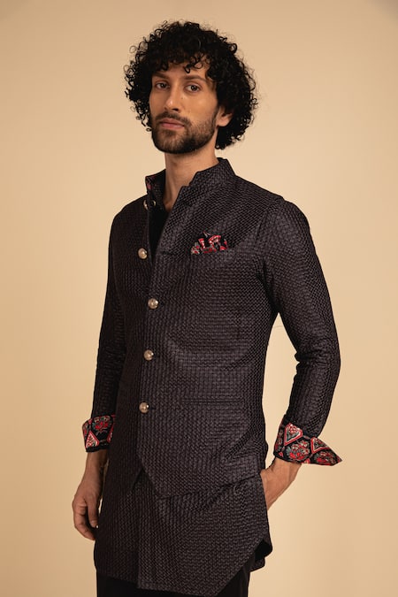 Arjan Dugal_Blue Chanderi Silk Embroidered Waistcoat _Online_at_Aza_Fashions