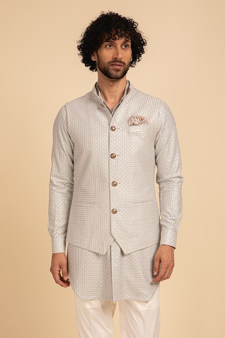 Shop_Arjan Dugal_Grey Chanderi Silk Embroidered Waistcoat _at_Aza_Fashions