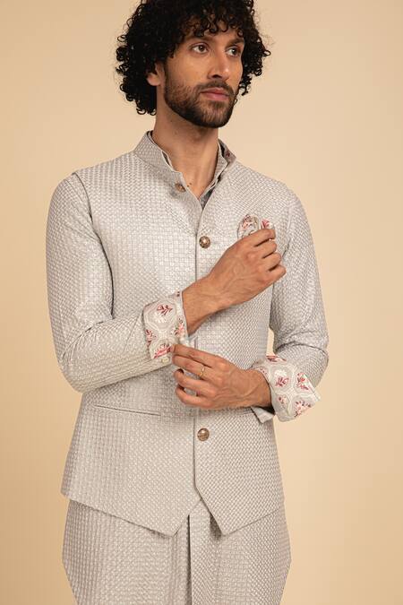 Arjan Dugal_Grey Chanderi Silk Embroidered Waistcoat _Online_at_Aza_Fashions