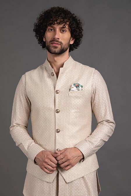 Shop_Arjan Dugal_Peach Chanderi Silk Embroidered Waistcoat _at_Aza_Fashions