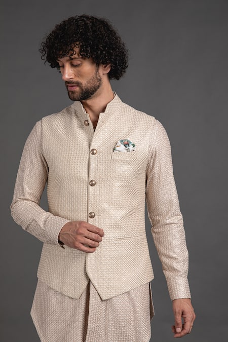 Arjan Dugal_Peach Chanderi Silk Embroidered Waistcoat _Online_at_Aza_Fashions