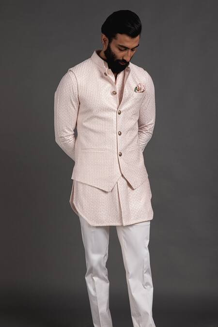 Shop_Arjan Dugal_Pink Chanderi Silk Embroidered Waistcoat _at_Aza_Fashions