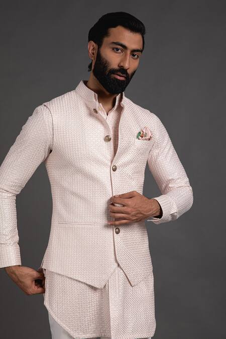 Buy_Arjan Dugal_Pink Chanderi Silk Embroidered Waistcoat _Online_at_Aza_Fashions