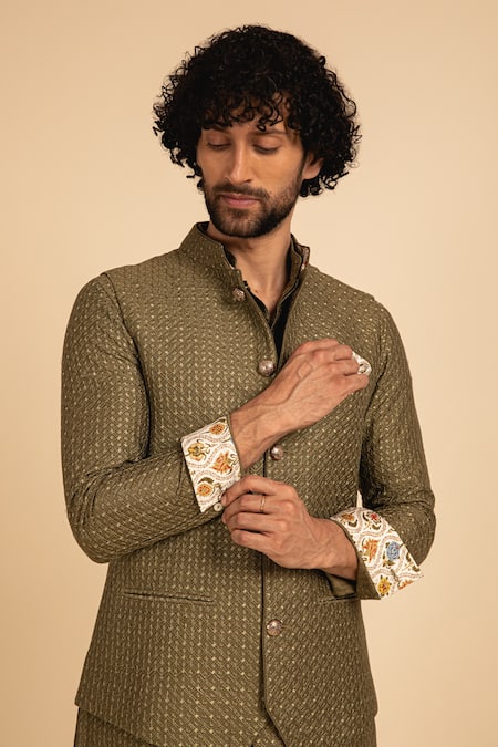 Shop_Arjan Dugal_Green Chanderi Silk Embroidered Waistcoat _at_Aza_Fashions