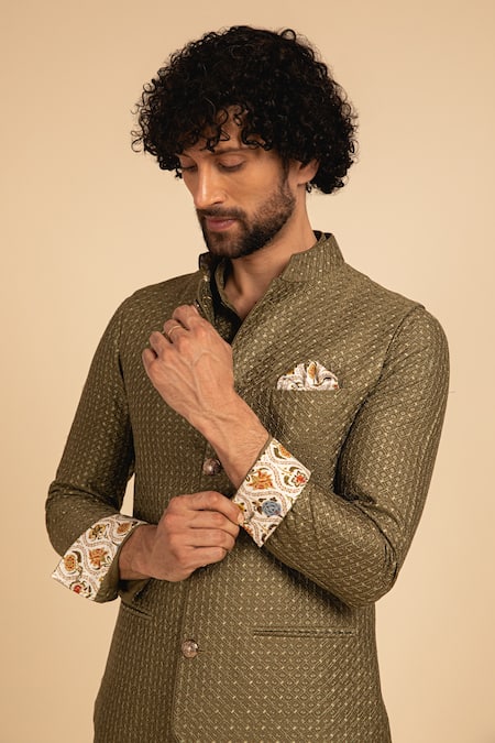 Arjan Dugal_Green Chanderi Silk Embroidered Waistcoat _Online_at_Aza_Fashions