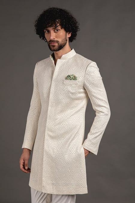 Shop_Arjan Dugal_White Silk Georgette Embroidered Zig Zag Achkan Set _at_Aza_Fashions