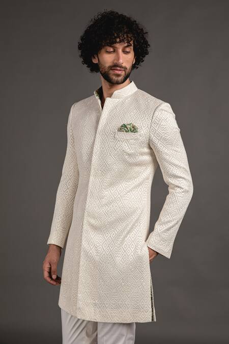 Arjan Dugal_White Silk Georgette Embroidered Zig Zag Achkan Set _Online_at_Aza_Fashions