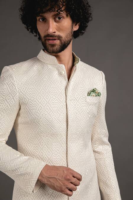 Buy_Arjan Dugal_White Silk Georgette Embroidered Zig Zag Achkan Set _Online_at_Aza_Fashions