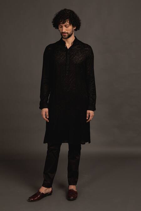 Shop_Arjan Dugal_Black Cotton , Georgette Zig Zag Embroidered Kurta Set _at_Aza_Fashions