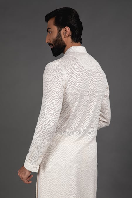 Shop_Arjan Dugal_White Cotton , Georgette Zig Zag Embroidered Kurta Set _at_Aza_Fashions