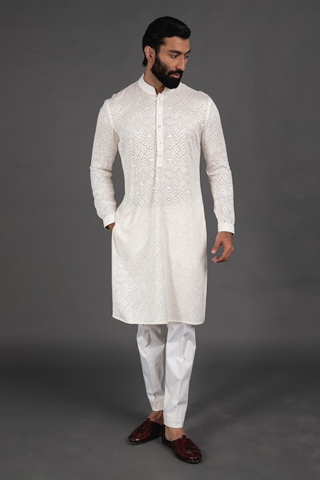 Arjan Dugal_White Cotton , Georgette Zig Zag Embroidered Kurta Set _Online_at_Aza_Fashions