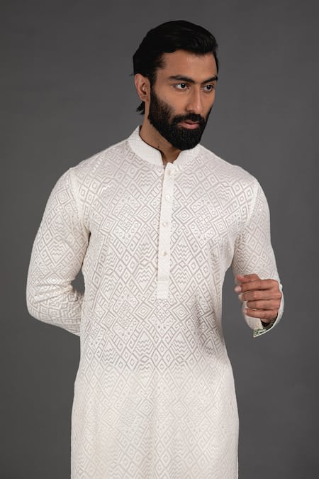 Buy_Arjan Dugal_White Cotton , Georgette Zig Zag Embroidered Kurta Set _Online_at_Aza_Fashions