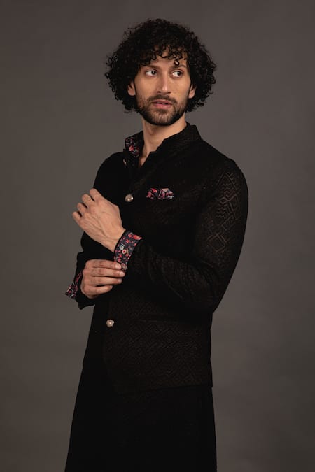 Shop_Arjan Dugal_Black Silk Georgette Zig Zag Embroidered Nehru Jacket _at_Aza_Fashions