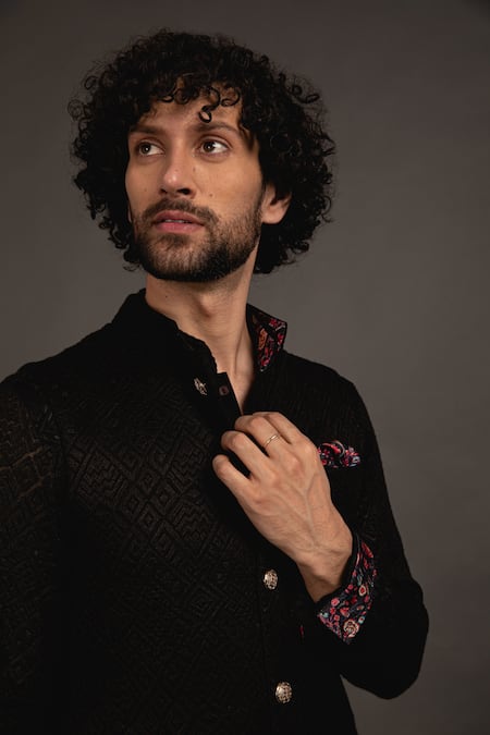 Arjan Dugal_Black Silk Georgette Zig Zag Embroidered Nehru Jacket _Online_at_Aza_Fashions