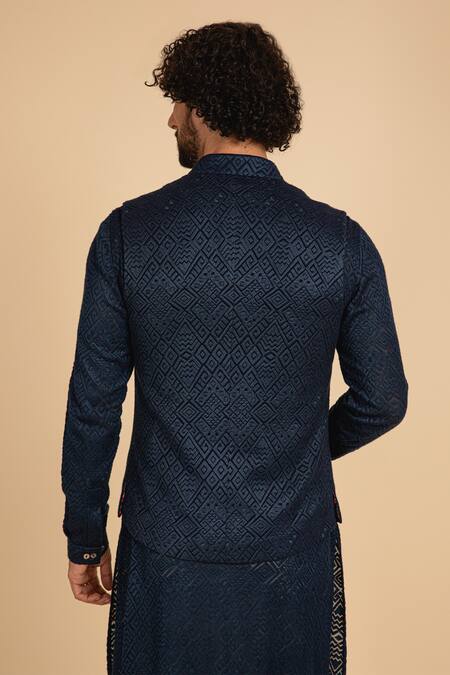 Shop_Arjan Dugal_Blue Silk Georgette Zig Zag Embroidered Nehru Jacket _at_Aza_Fashions