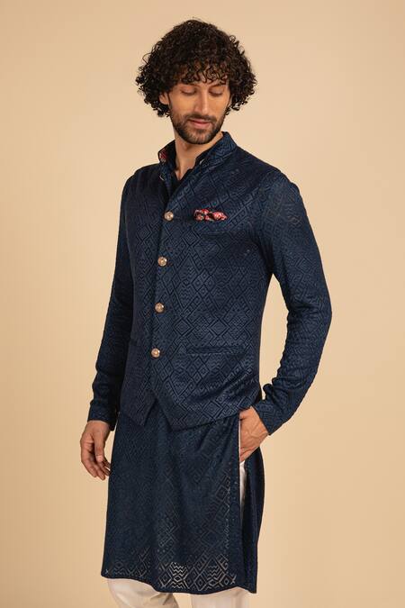 Arjan Dugal_Blue Silk Georgette Zig Zag Embroidered Nehru Jacket _Online_at_Aza_Fashions